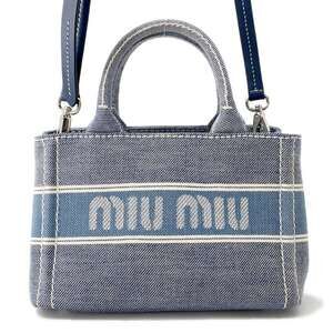 Miu Miu Tote Bag Jacquard Logo Denim Hand Shoulder White